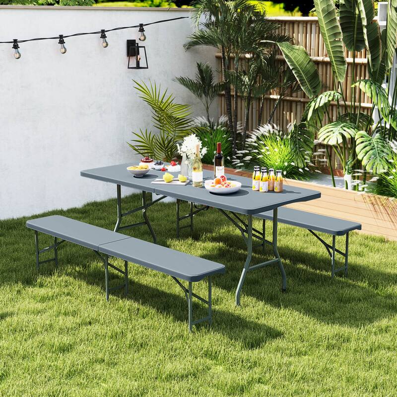Gymax 3 PCS Folding Picnic Table Set w/ 6 ft Table & 2 Benches HDPE