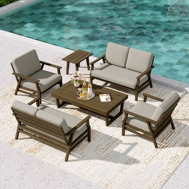 4-Piece Teak Outdoor Conversation Set With 2 Loveseats, Coffee Table & Side Table - Light Camel - Brown Wood
