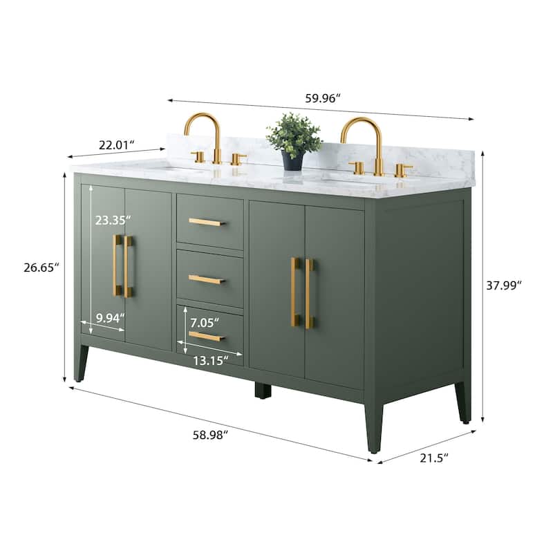 Vanity Art 60" Double Sink Bathroom Vanity Cabinet with Engineered Marble Top