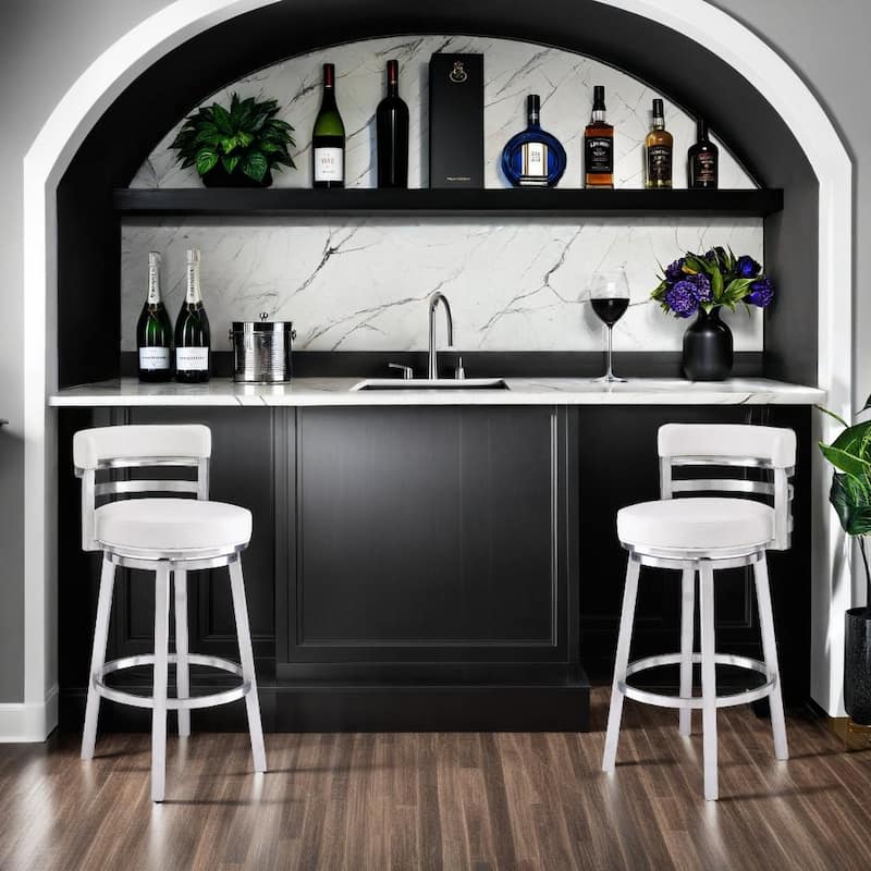 Madrid White Modern Swivel Bar Stool, Upholstered Counter Height Chair with Metal Frame