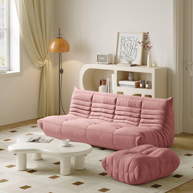 3 Seats Comfy Lazy Floor Sofa Couch with Ottoman - Pink