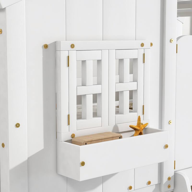 Twin Over Twin Bunk Bed with House Roof, Playful Window Design, Ladder & Guardrails
