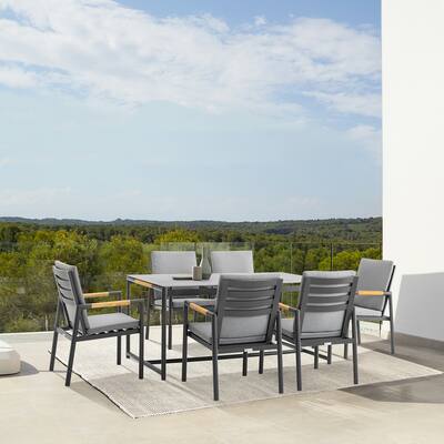 Royal 7 Piece Black Aluminum and Teak Outdoor Dining Set with Dark Gray Fabric