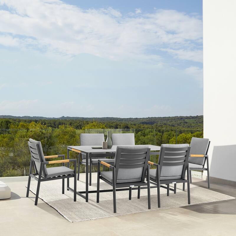Royal Black or White Aluminum & Teak 63" Outdoor Dining Table with Stone Top