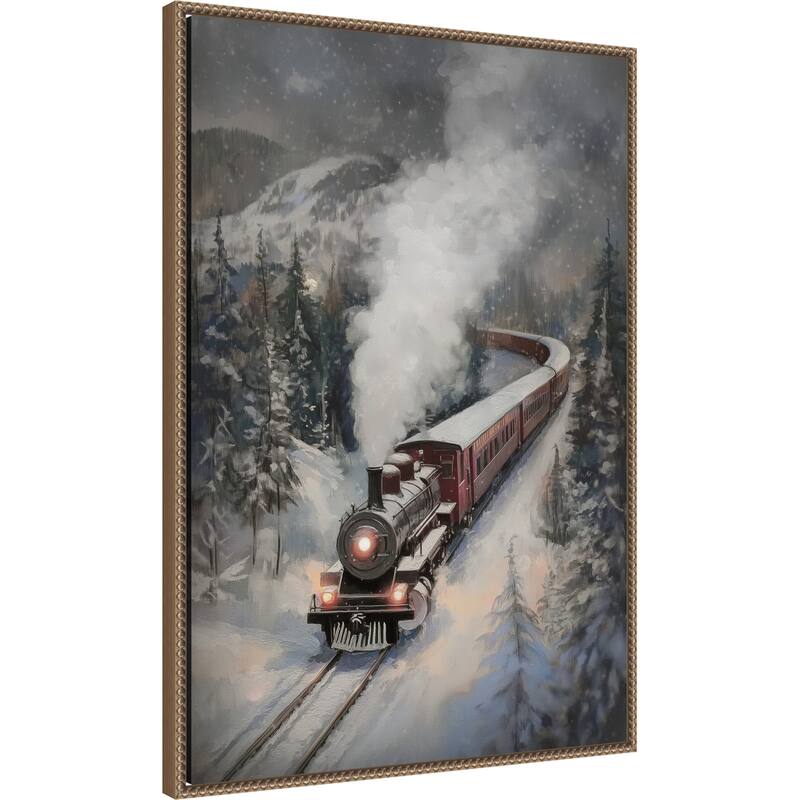 Snowfall Steam Train by Melloi Art Prints (23 x 33 in.), Framed Canvas Wall Art Print - Sylvie Beaded Dark Gold