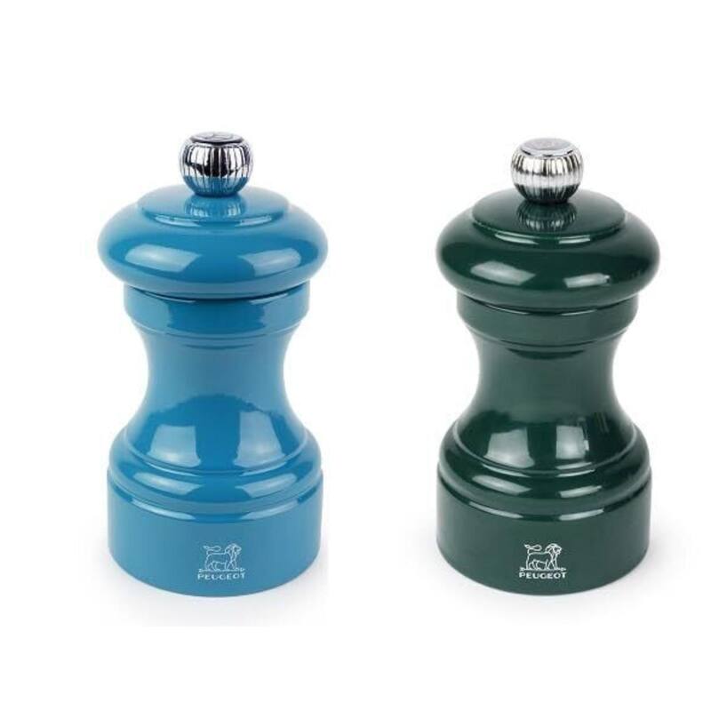 Peugeot Bistro Pepper and Salt Mill Set - 10cm - 4in. - Pacific Blue and Forest Green