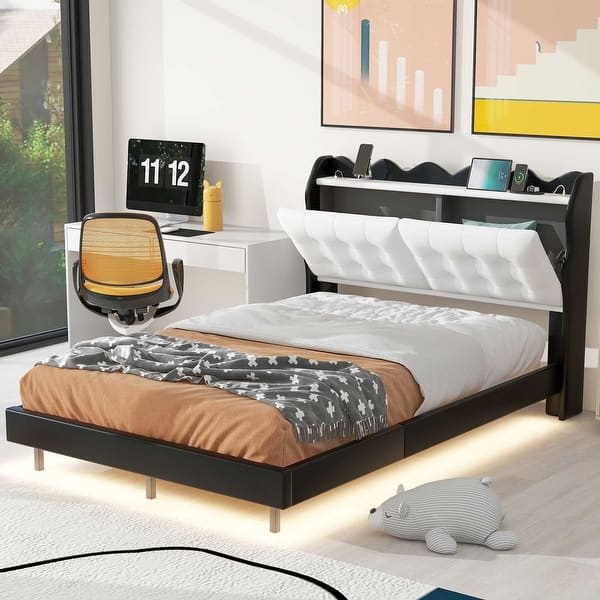 slide 2 of 13, Full Size LED Light Platform Bed PU Leather Backrest Upholstered Bed Low Profile Bed with Storage Headboard, Wood Slat Support Black - Full