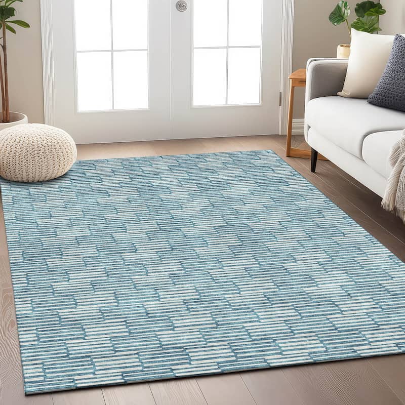 Machine Washable Indoor/ Outdoor Chantille Stripe Blocks Rug