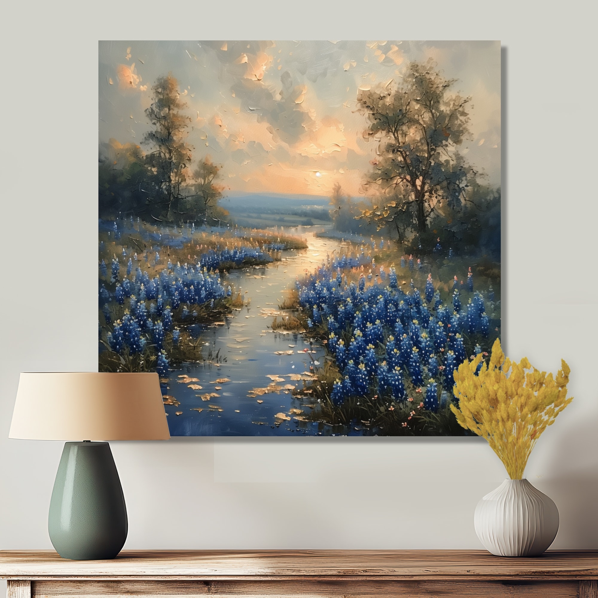Designart "Blue Grey Morning Magic Blue Bonnets Fields" Blue Bonnets Canvas Wall Art - Traditional Blue Wall Decor Art