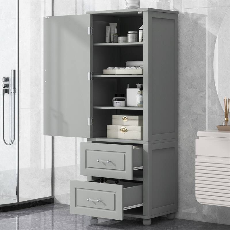 Tall Freestanding Bathroom Storage Cabinet with Two Drawers - Grey