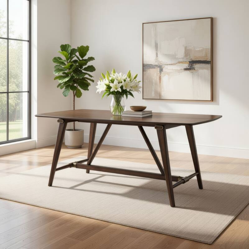 Manny Dining Table with Picnic Style Trestle Base, Walnut Wood 71 Inch