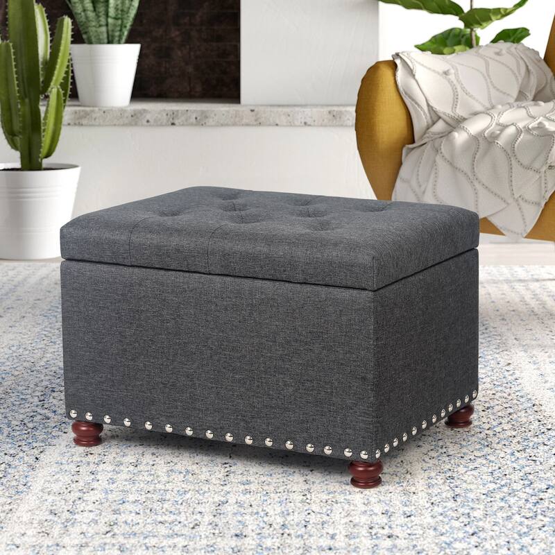 Adeco Storage Ottoman Tufted Linen Wood Bench with Nails