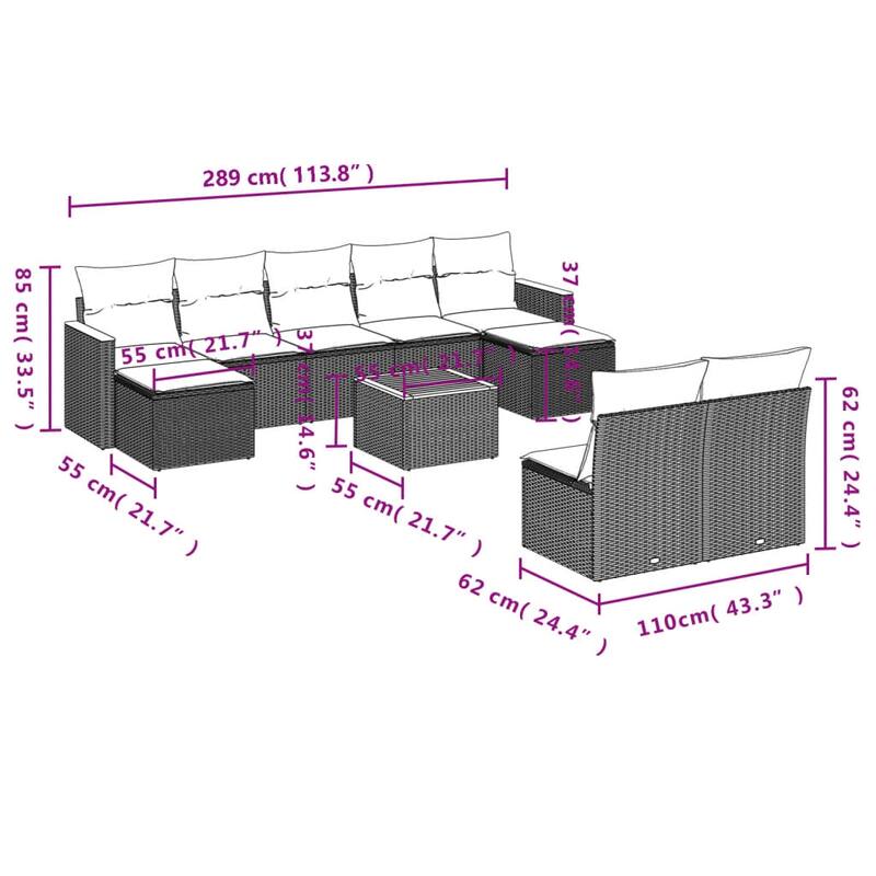vidaXL 9/10 Piece Patio Sofa Set with Cushions Black/Gray Poly Rattan - 21.7 x 24.4 x 27.2