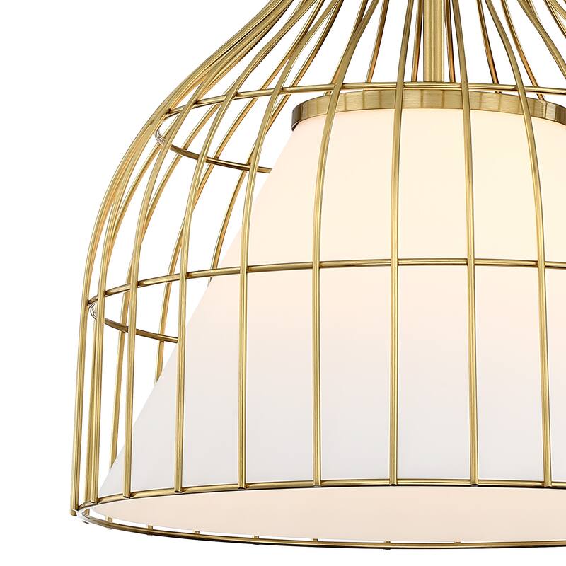 Evensong 60 Watt 1-Light Brushed Gold Bell Pendant with Etched Opal Glass Shade and Metal Outer Cage - 18.75