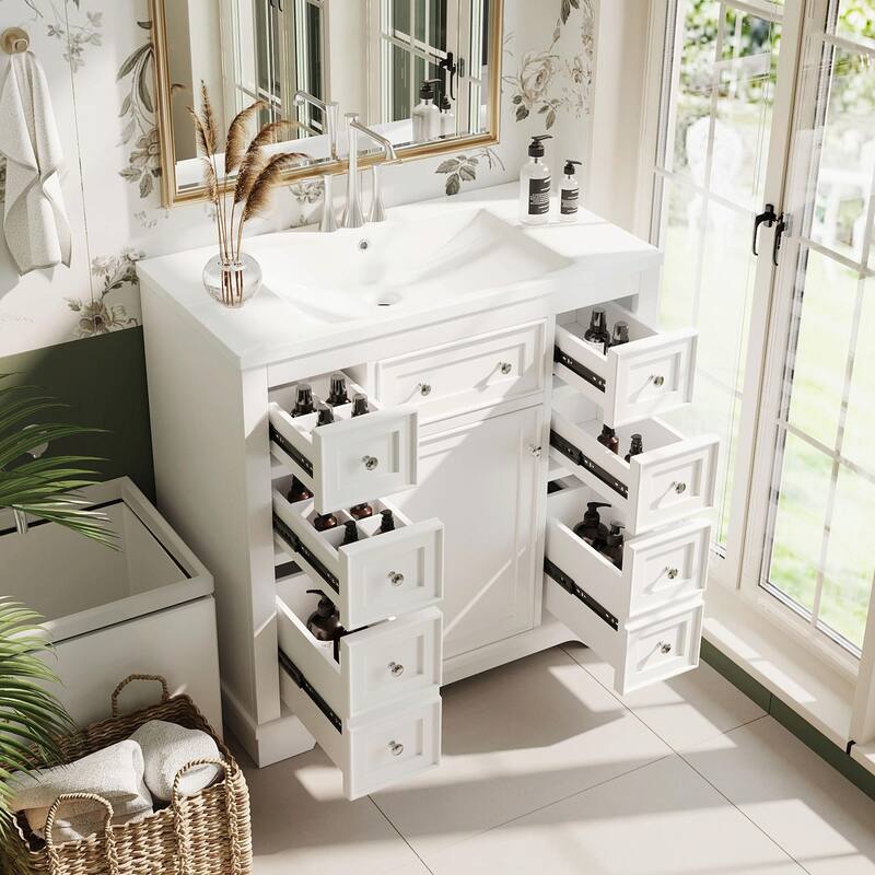 36" Bathroom Vanity with Sink Combo: Cabinet, Six Drawers