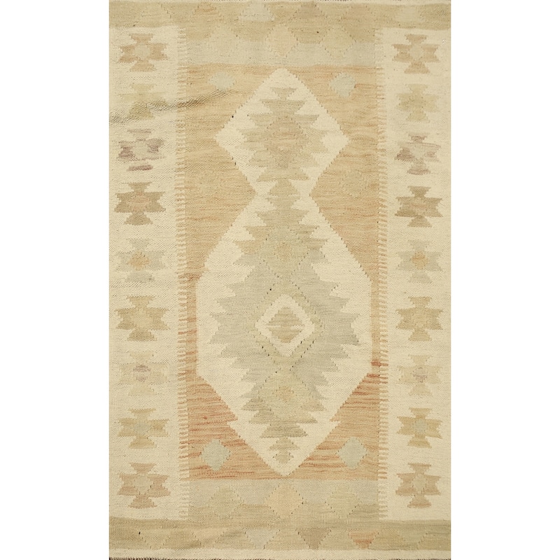 Hand Woven Oriental 100% Wool Carpet Southwestern Tribal Beige & Ivories Kilim Area Rug - 4' 9'' X 3' 1''