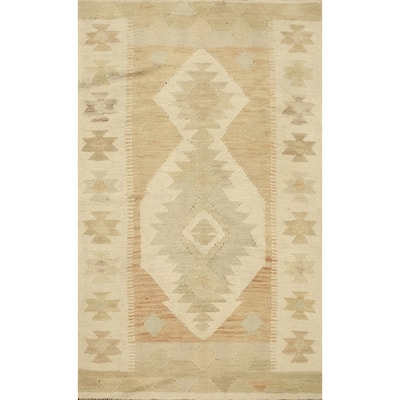 Hand Woven Oriental 100% Wool Carpet Southwestern Tribal Beige & Ivories Kilim Area Rug - 4' 9'' X 3' 1''