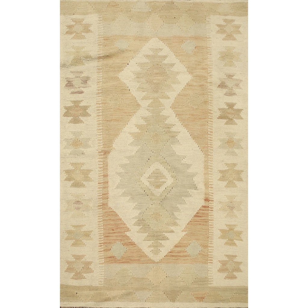 Hand Woven Oriental 100% Wool Carpet Southwestern Tribal Beige & Ivories Kilim Area Rug - 4' 9'' X 3' 1''