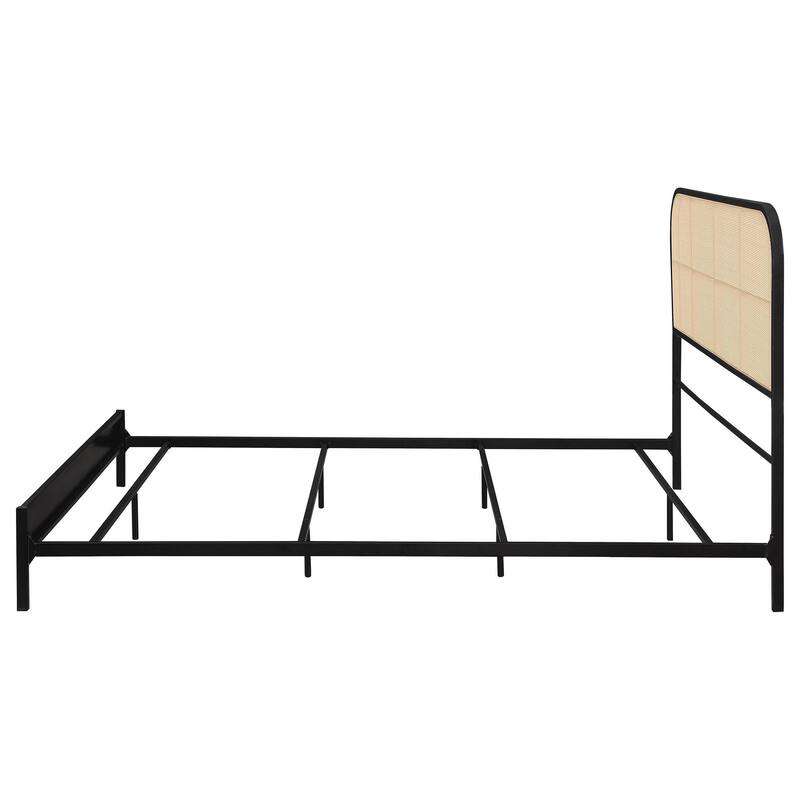 Ammy Queen Bed, Radio Weave Headboard, Brown Faux Rattan, Black Metal