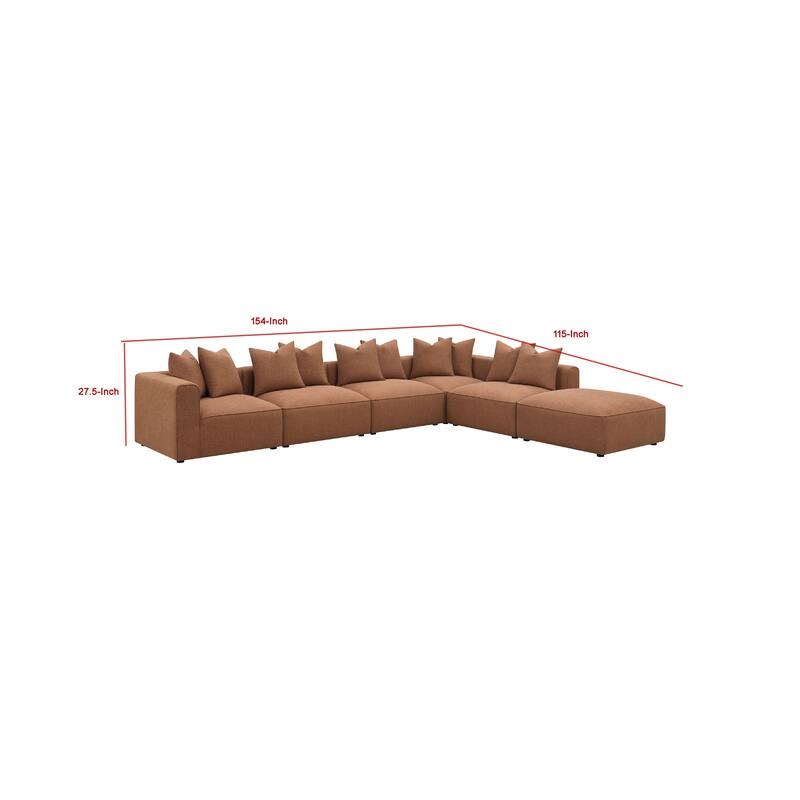 Hani 6pc Modular Sectional Sofa with Ottoman, Rich Brown, 10 Pillows