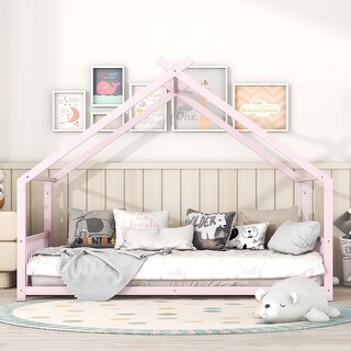 Pink Full Size Semi-enclosed Metal Playhouse Bed with House Roof