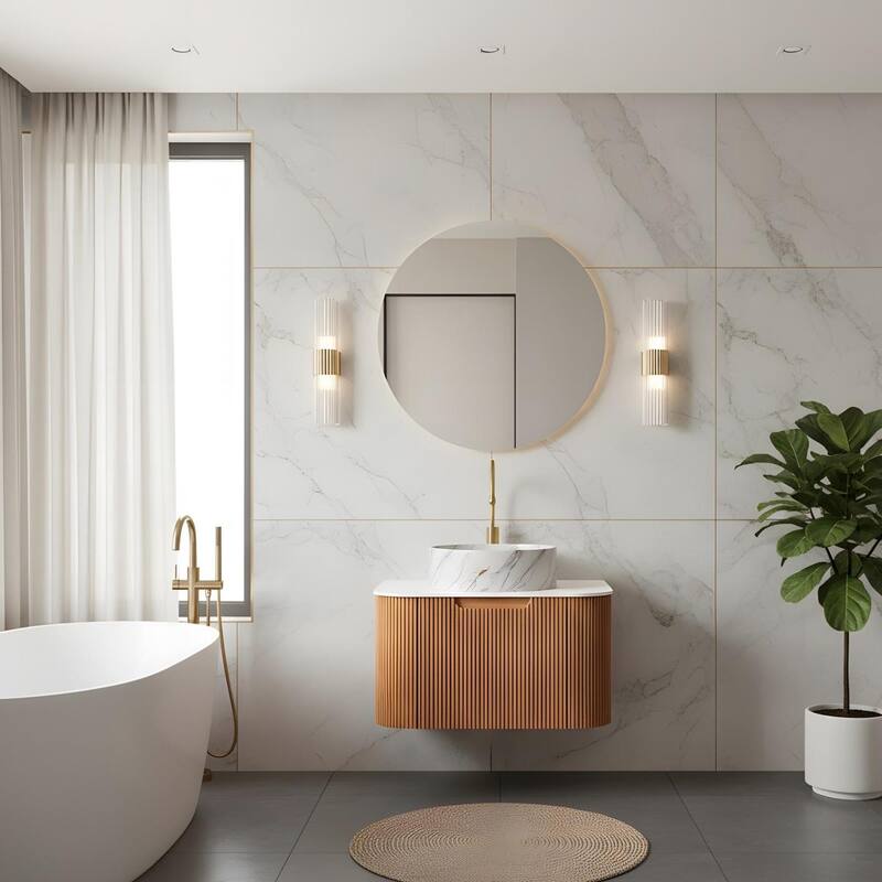 Floating Bathroom with Round Ceramic Basin and Storage Drawer - 24 - Natural Wood