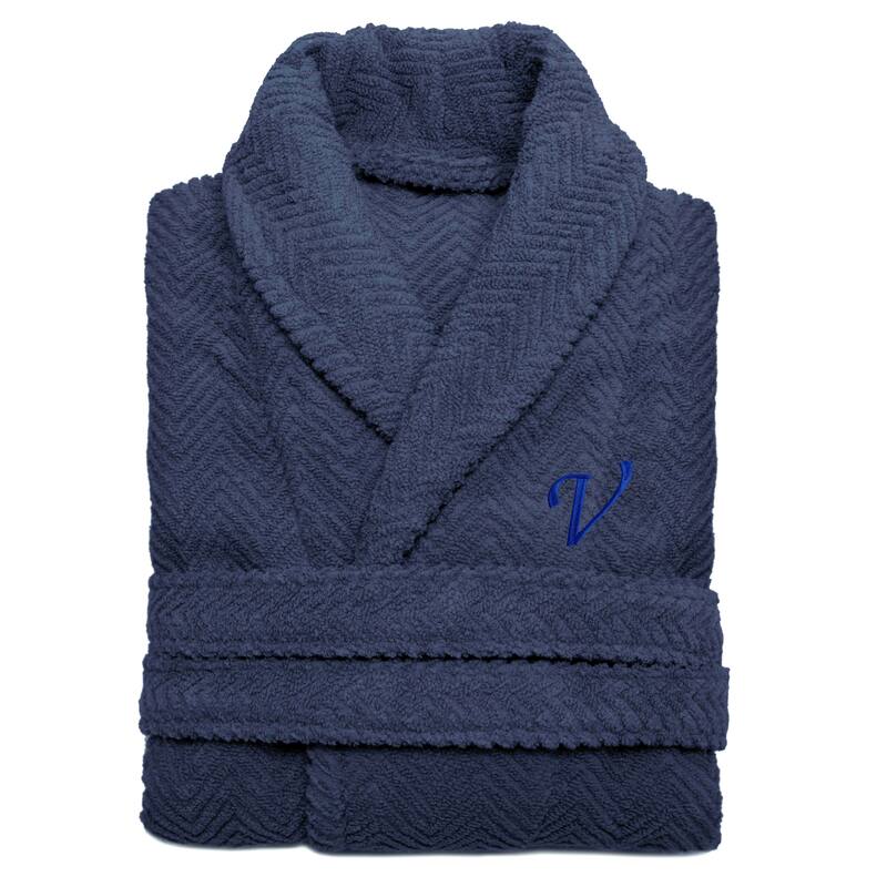 Authentic Hotel and Spa Midnight Blue with Royal Blue Monogrammed Herringbone Weave Turkish Cotton Unisex Bath Robe - L/XL - V