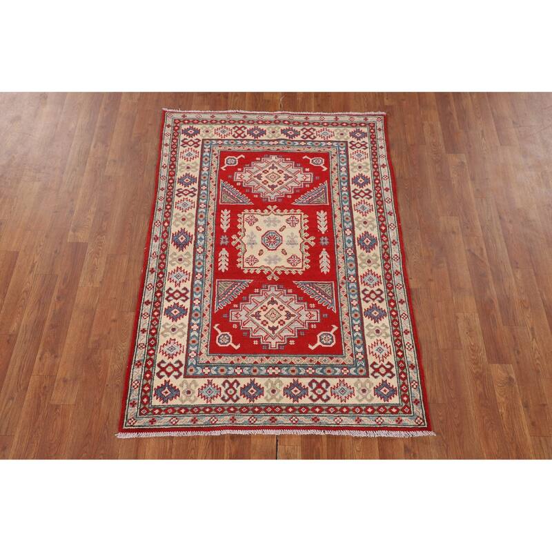 Red Geometric Kazak Accent Rug Hand-Knotted Wool Carpet - 3'4" x 4'11"