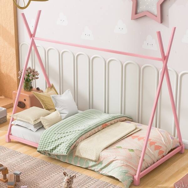 slide 2 of 34, Metal Twin Size Simple House Platform Kids Bed Frame with Triangle Structure and X-Shaped Safety Railings for Bedroom, Pink Pink
