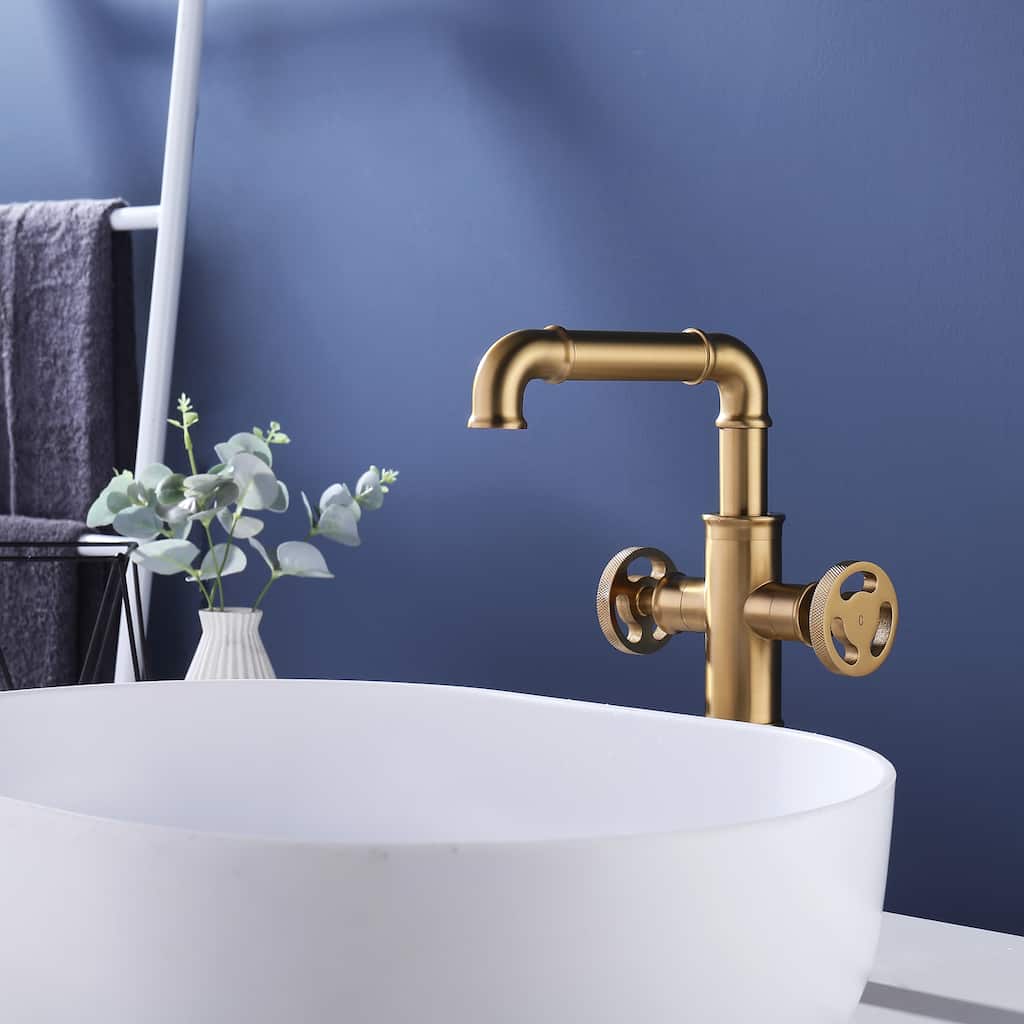 Two Handles Single Hole Deck Mounted Industrial Bathroom Faucet With 360 Degrees Swivel Spout