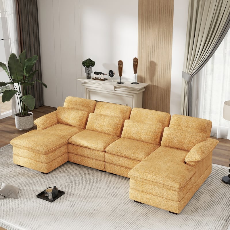 U-Shaped 111.8" Cloud Combo Sofa 4-Seater Chenille Fabric Sofa with Arms
