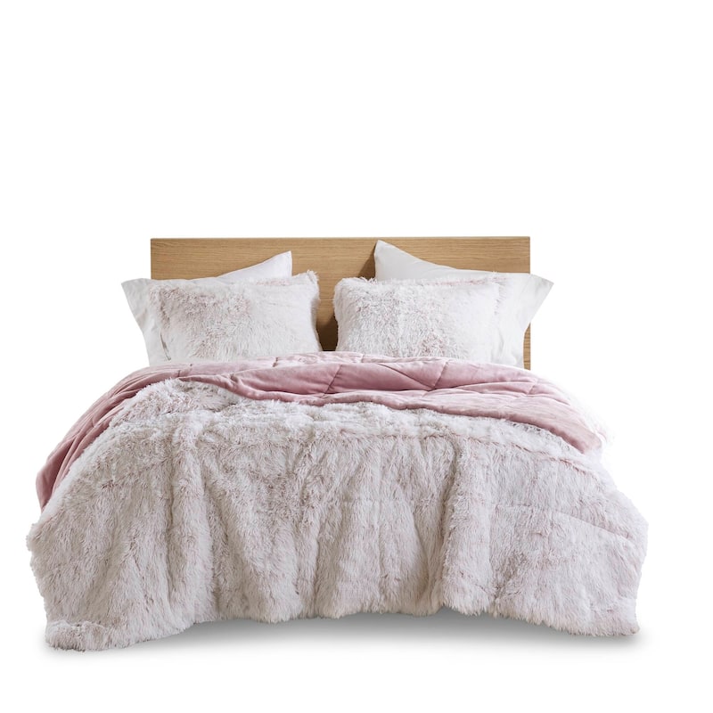 3 PCS King/Cal King Shaggy Faux Fur Comforter Mini Set Pink/White