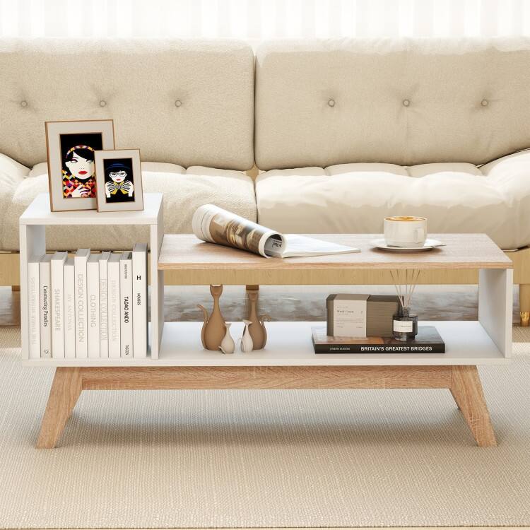 White-Natural Engineered Wood MDF Coffee Table with Stepped Storage and Compartments - 43" x 19" x 21"