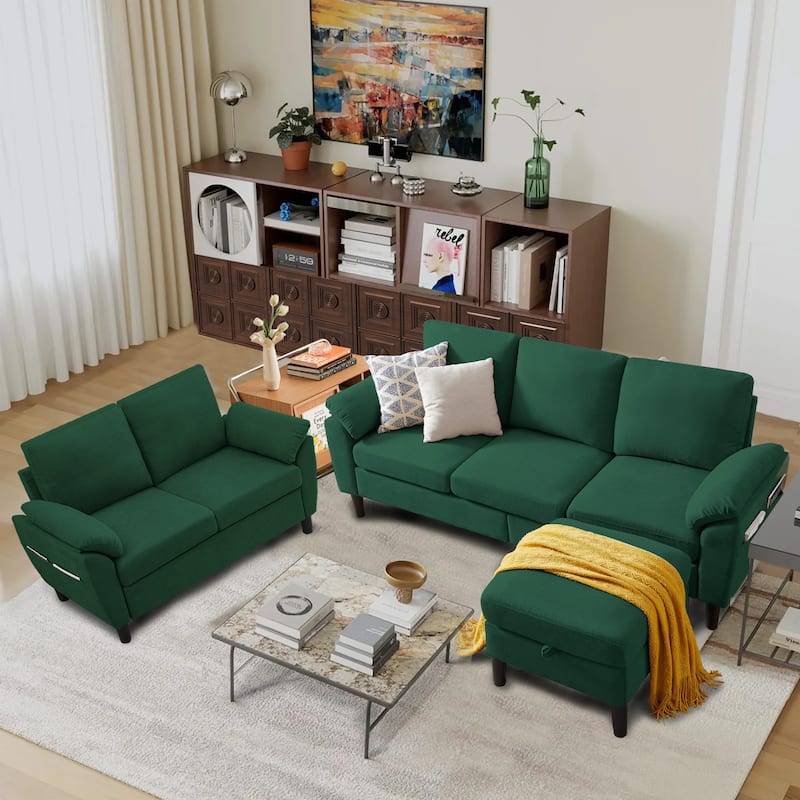 3-Piece Living Room Sectional Sofa Set with Loveseat and Ottoman - Green