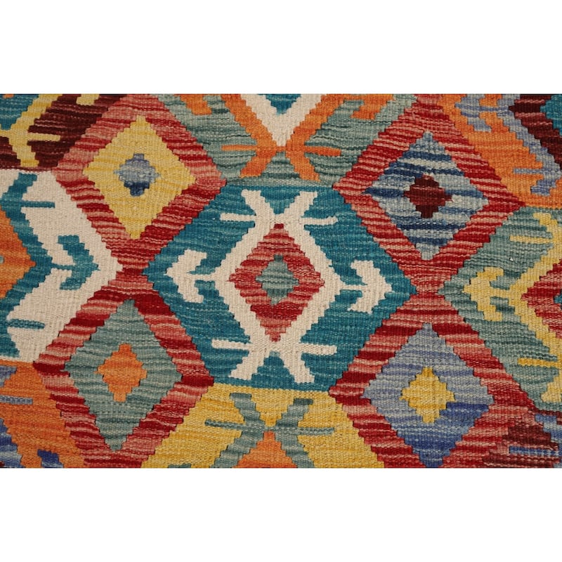Multi-Color Geometric Kilim Area Rug Flatweave Wool Carpet - 8'5" x 9'6"