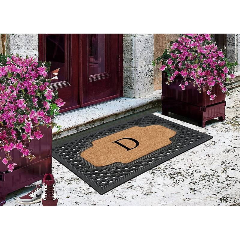 A1HC Mesh Border Rubber and Coir Large Heavy-Duty Outdoor Monogrammed Doormat, 23"X38" Black