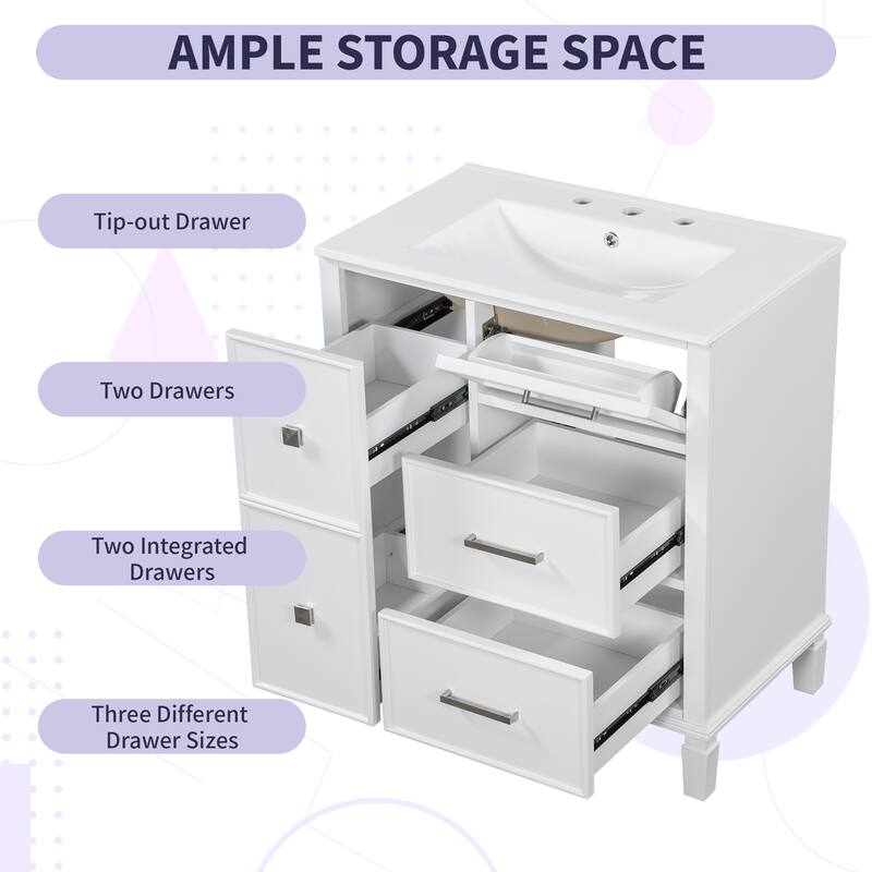 30" Bathroom Vanity with Ceramic Sink - Flip-Out Drawer for Plumbing, Soft-Close Doors - MDF Cabinet with Solid Wood Legs