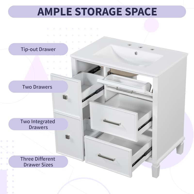 30 Inch Bathroom Vanity with Ceramic Sink, Flip-Out Drawer Design for Plumbing, Soft Close Drawers
