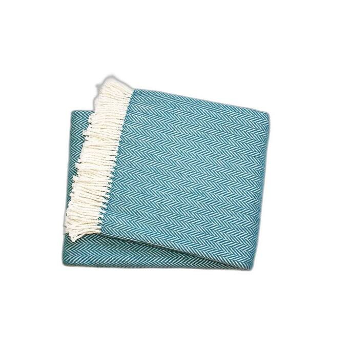 HomeRoots 70" X 55" Teal Blue And White Cotton Blend Woven Herringbone Plush Throw Blanket with Tassels