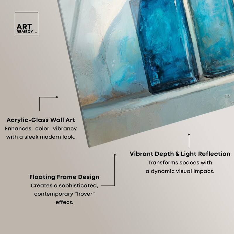 Three Blue Bottles Acrylic by Art Remedy, Ready to Hang