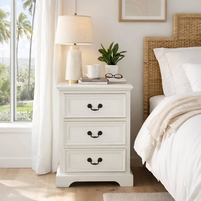Antique White Solid Wood Nightstand with 3 Drawers for Bedroom Storage