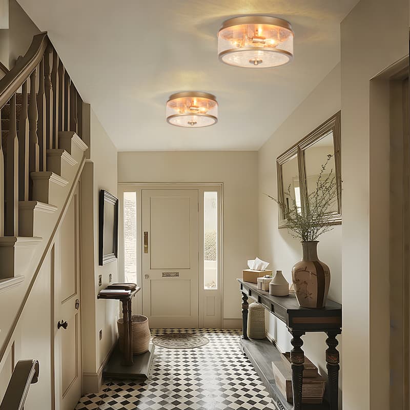 Modern Glam 3-Light Gold Drum Flush Mount Glass Ceiling Foyer Light - D 12" x H 6"