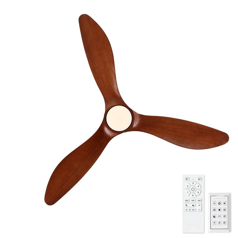 52" Mordern Farmhouse Retro Solid Wood Low Profile Flush Mount Ceiling Fan with Light and Reversible Quiet Motor