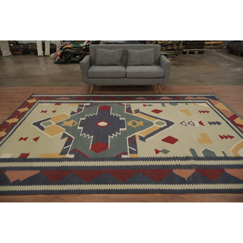 Hand Woven Oriental 100% Wool Carpet Southwestern Tribal Multi-Colored Kilim Area Rug - 11' 7'' X 8' 2''