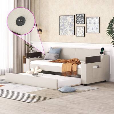 Upholstery Daybed with Storage Arms, Trundle and USB Design