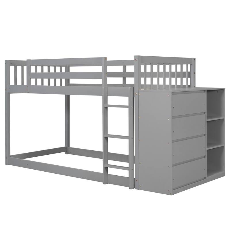 Gray Pine Wood Bunk Bed with 4 Drawers, 3 Shelves, and Built-in Ladder
