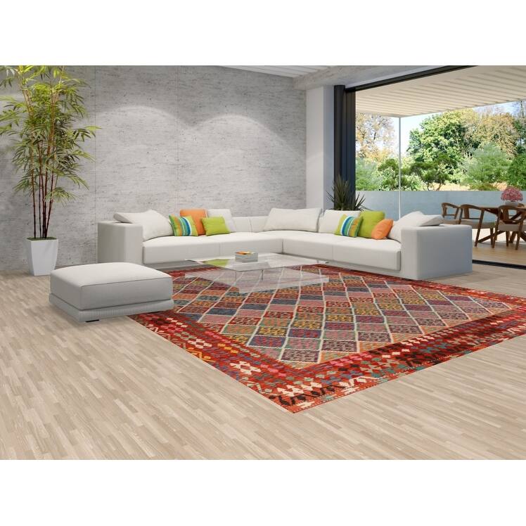 All-Over Trellis Kilim Oriental Large Rug Hand-Woven Wool Carpet - 10'8"x 12'11"