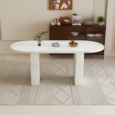 62.9" Oval Dining Table For 6 - White Marble Finish Top, Wood Strip Base, Modern Farmhouse Style, Waterproof .
