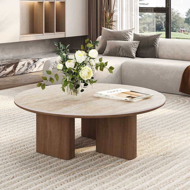 35.4'' Mid-Century Modern Round Coffee Table with Stone Countertop, Stain-Resistant Center Table for Living Room - Marble/Wood