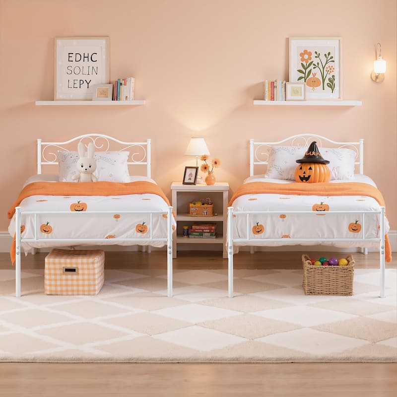 VECELO Twin Metal Platform Bed Frame 2-Pack Heavy Duty Steel Slat Support No Box Spring Storage Space Easy Assembly - White